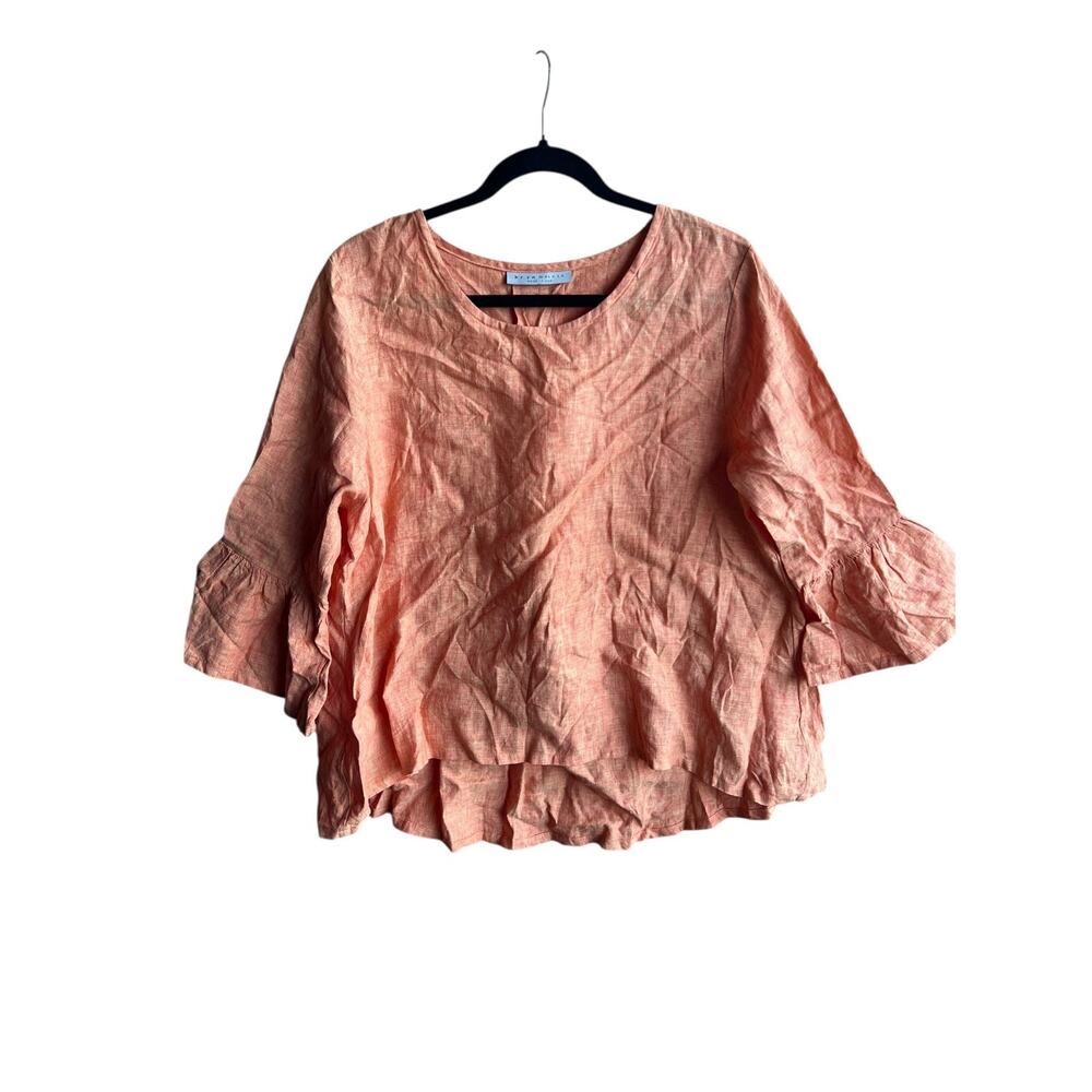 Bryn Walker Fran Orange 100% Linen Lagenlook 3/4 Ruffle Sleeve Top S Lightweight